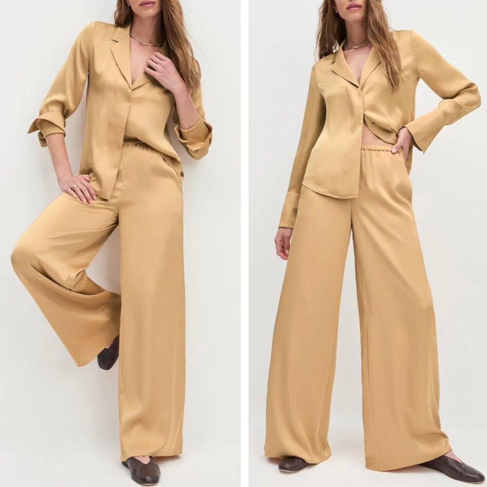 Favorite Daughter Golden Tan Satin Blouse & Wide-Leg Pants Set
